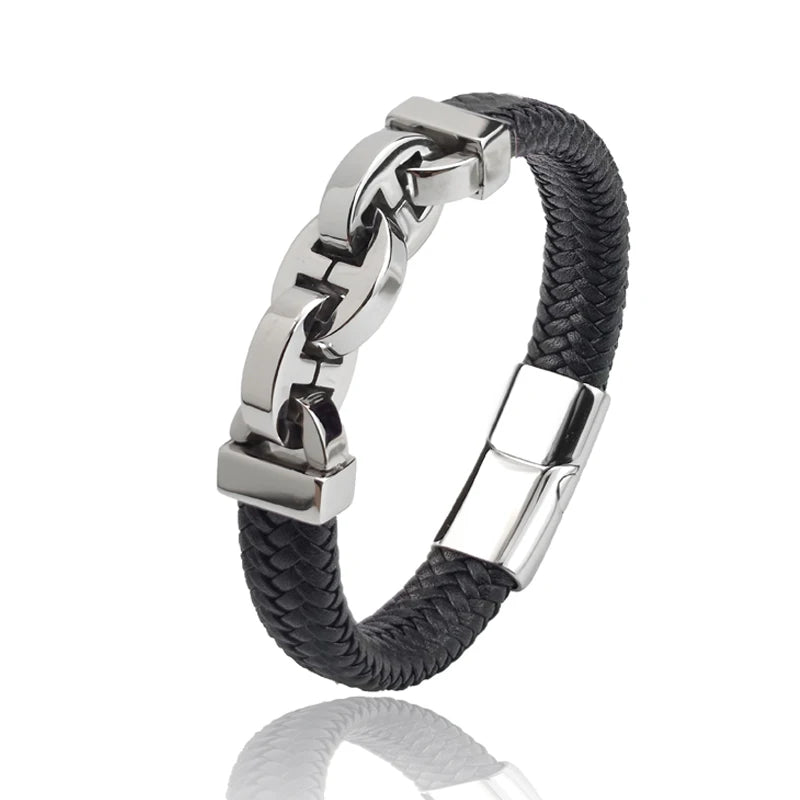 Men's Leather Braided Bracelet with Black Stainless Steel Beads - Stylish Punk Bangle for Men