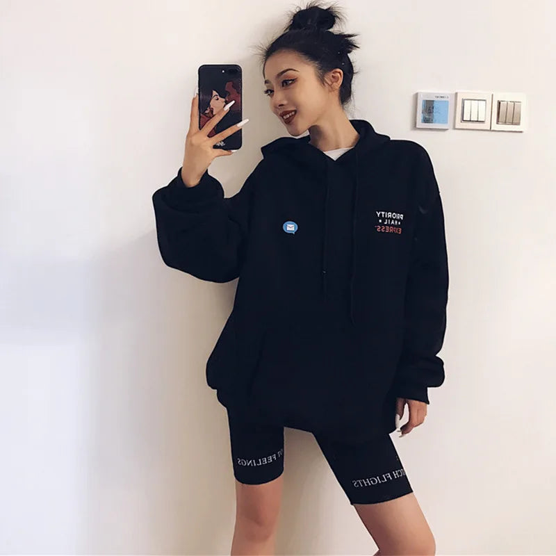 Summer Biker Shorts Women Elastic Waist Letter Print Black