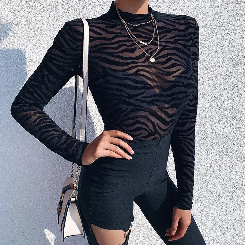 Black Mesh See Through Bodysuit Long Sleeve Mock Neck Slim