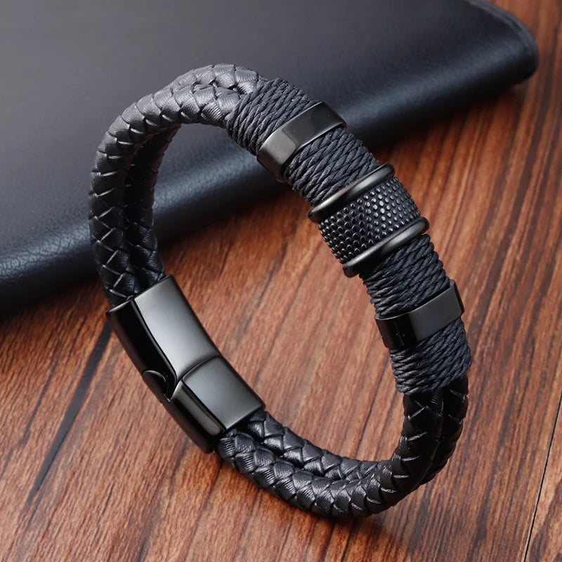 Men's Hand-Woven Leather Bracelet with Stainless Steel Charm
