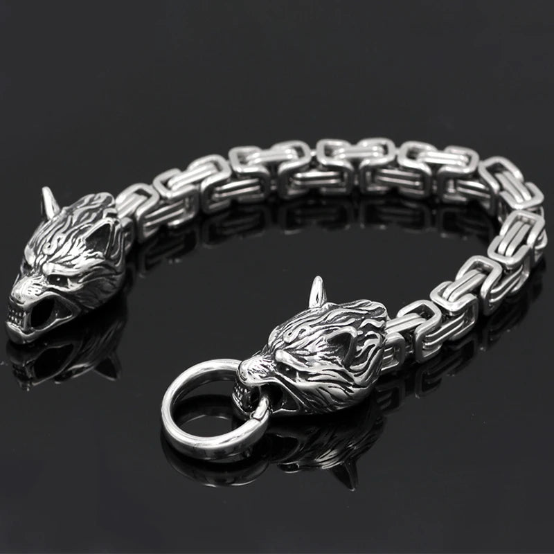 Men's Stainless Steel Viking Wolf Head Bracelet with Thick Chain Biker Punk Wristband