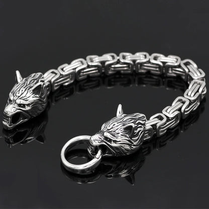 Men's Stainless Steel Viking Wolf Head Bracelet with Thick Chain Biker Punk Wristband