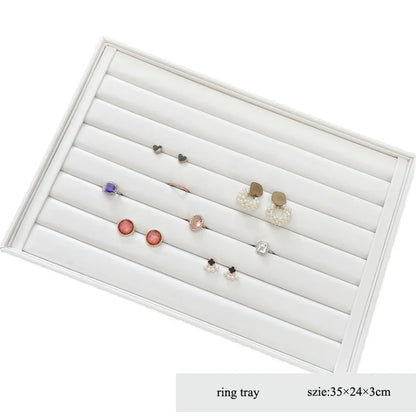 Elegant White PU Leather Jewelry Display Tray with Necklace and Ring Holder