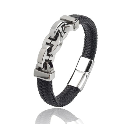 Men's Leather Braided Bracelet with Black Stainless Steel Beads - Stylish Punk Bangle for Men