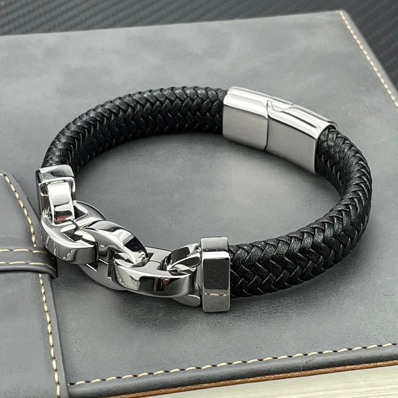 Men's Leather Braided Bracelet with Black Stainless Steel Beads - Stylish Punk Bangle for Men