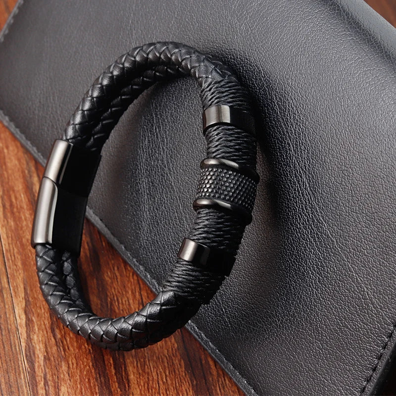 Men's Hand-Woven Leather Bracelet with Stainless Steel Charm
