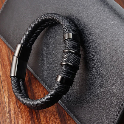 Men's Hand-Woven Leather Bracelet with Stainless Steel Charm