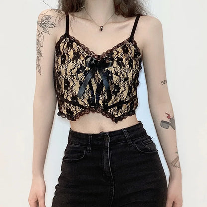 Dozw Goth Lace Crop Top Women Back Zip Sexy Double Layer