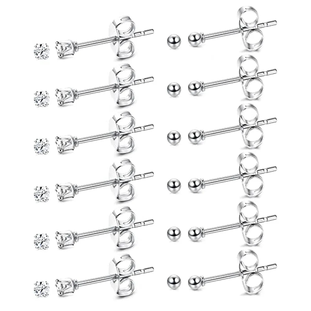 6 Pairs Tiny 2mm Stainless Steel Stud Earrings Set for Men and Women with CZ Round Ball Design