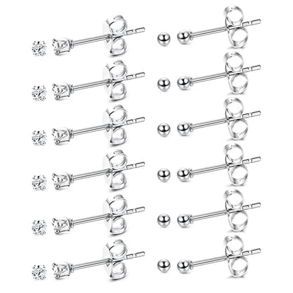 6 Pairs Tiny 2mm Stainless Steel Stud Earrings Set for Men and Women with CZ Round Ball Design