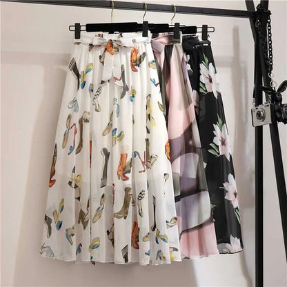 Chiffon Midi Skirt Women High Waist Korean Style White