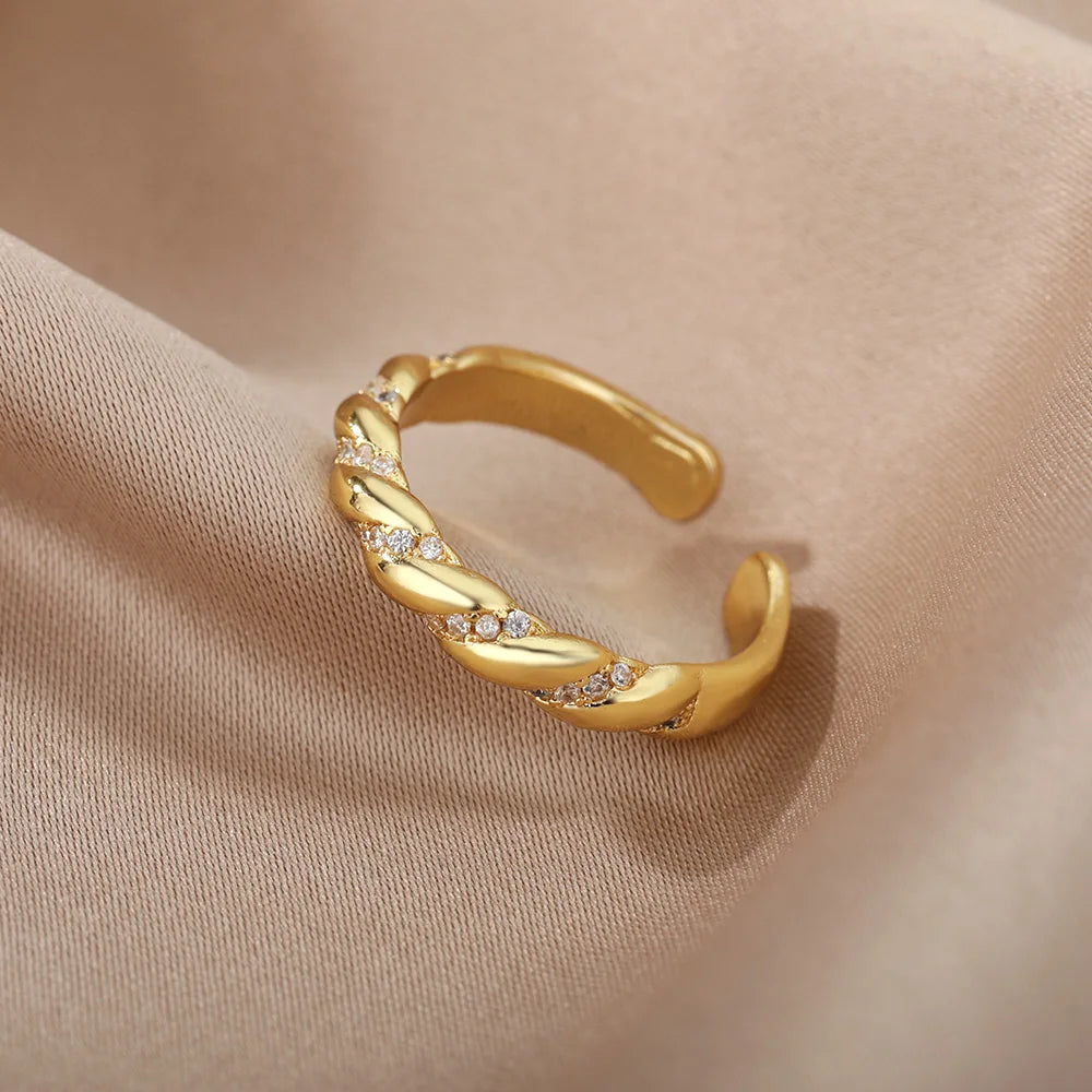 Gold Zircon Stainless Steel Geometric Open Ring for Women