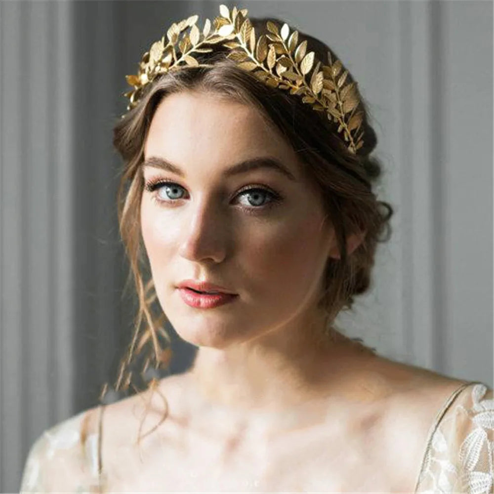 Elegant Retro Gold Leaf Bridal Headband Tiara for Greek and Roman Inspired Weddings