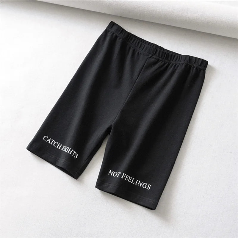 Summer Biker Shorts Women Elastic Waist Letter Print Black