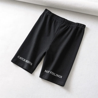 Summer Biker Shorts Women Elastic Waist Letter Print Black