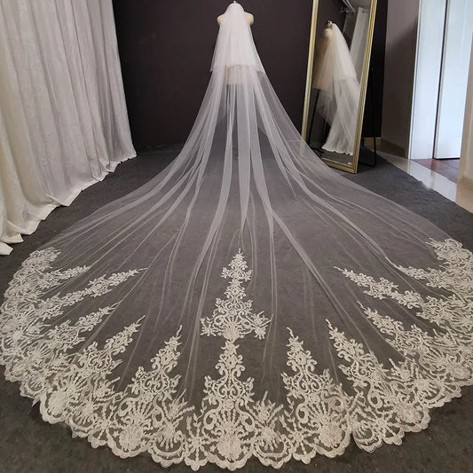 Elegant Custom Long Lace Wedding Veil with Comb and Blusher in White or Ivory