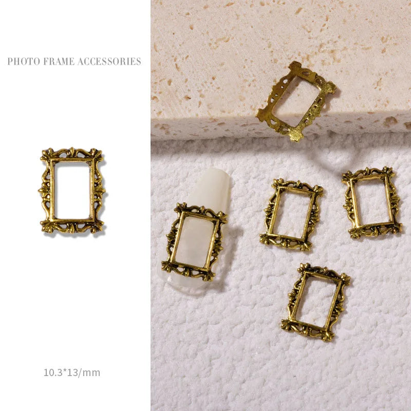 Vintage Gold 3D Charm Photo Frame Nail Art Kit with Alloy Studs - 5 Piece Set