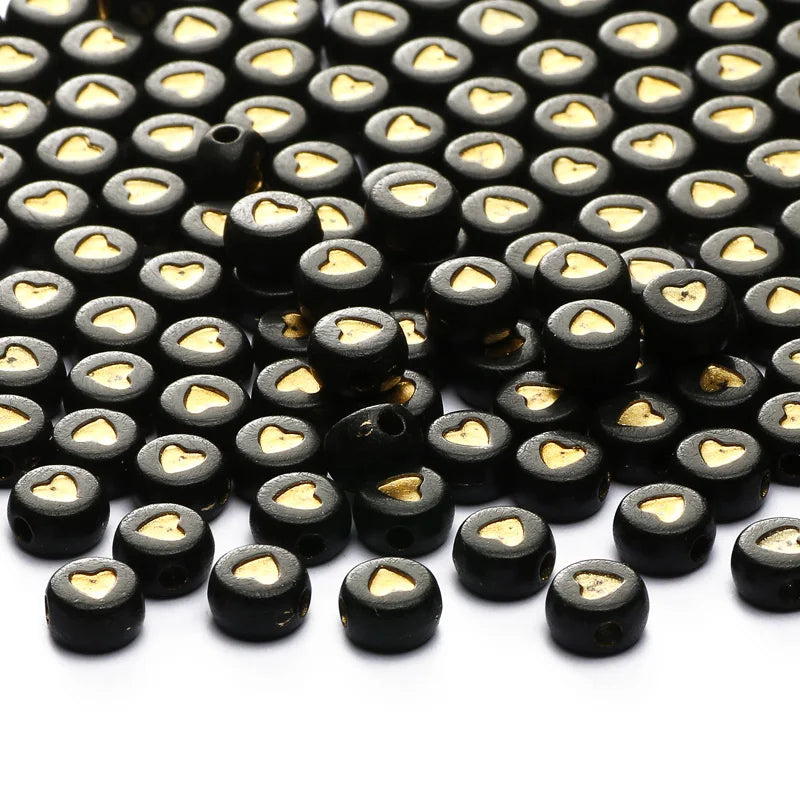 Chic Black Acrylic Beads with Gold Heart Design for Jewelry Crafting