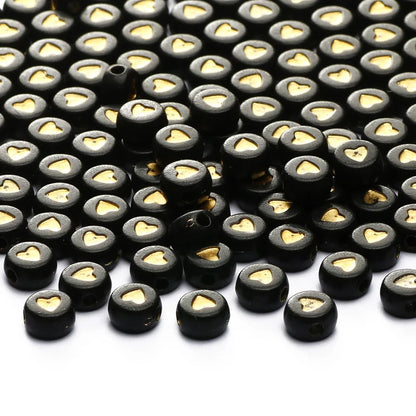 Chic Black Acrylic Beads with Gold Heart Design for Jewelry Crafting