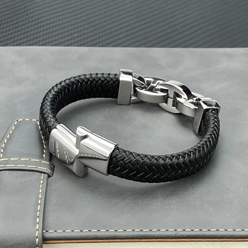 Men's Leather Braided Bracelet with Black Stainless Steel Beads - Stylish Punk Bangle for Men