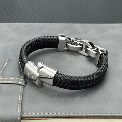 Men's Leather Braided Bracelet with Black Stainless Steel Beads - Stylish Punk Bangle for Men