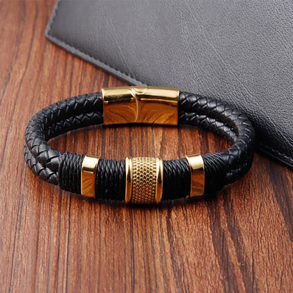 Men's Hand-Woven Leather Bracelet with Stainless Steel Charm