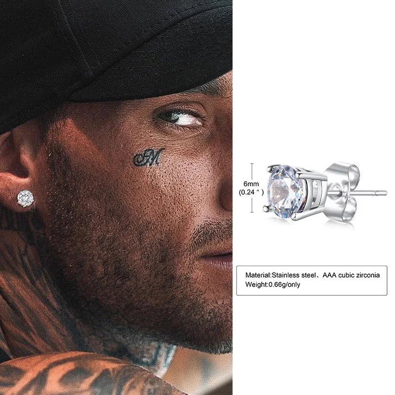 Men's Square CZ Stud Earrings in Stainless Steel with Butterfly Push Back Closure