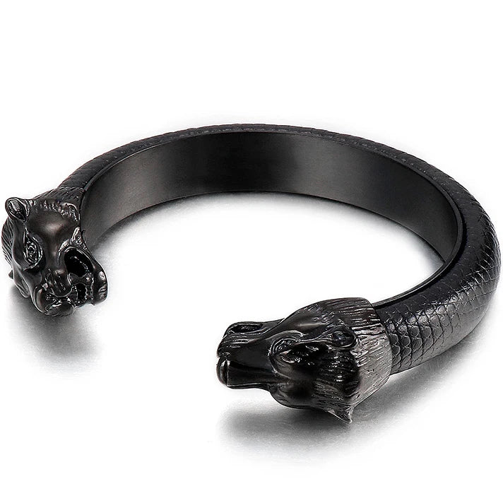 Gold Lion Head Stainless Steel Open Bangle Bracelet for Men with Adjustable Leather Strap