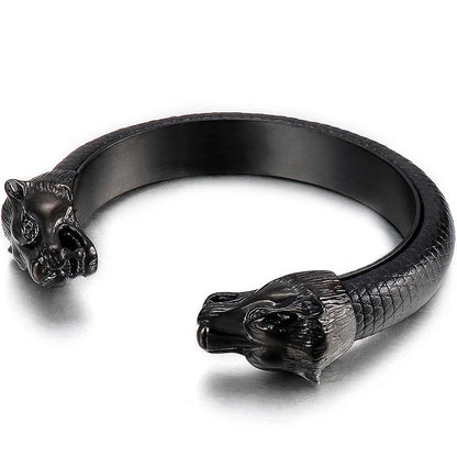 Gold Lion Head Stainless Steel Open Bangle Bracelet for Men with Adjustable Leather Strap