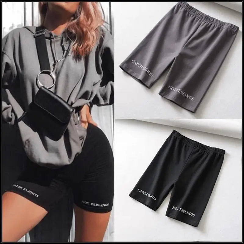 Summer Biker Shorts Women Elastic Waist Letter Print Black