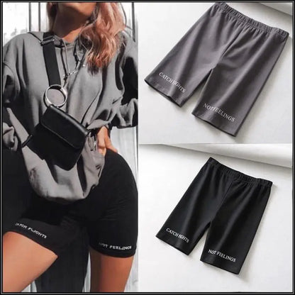 Summer Biker Shorts Women Elastic Waist Letter Print Black