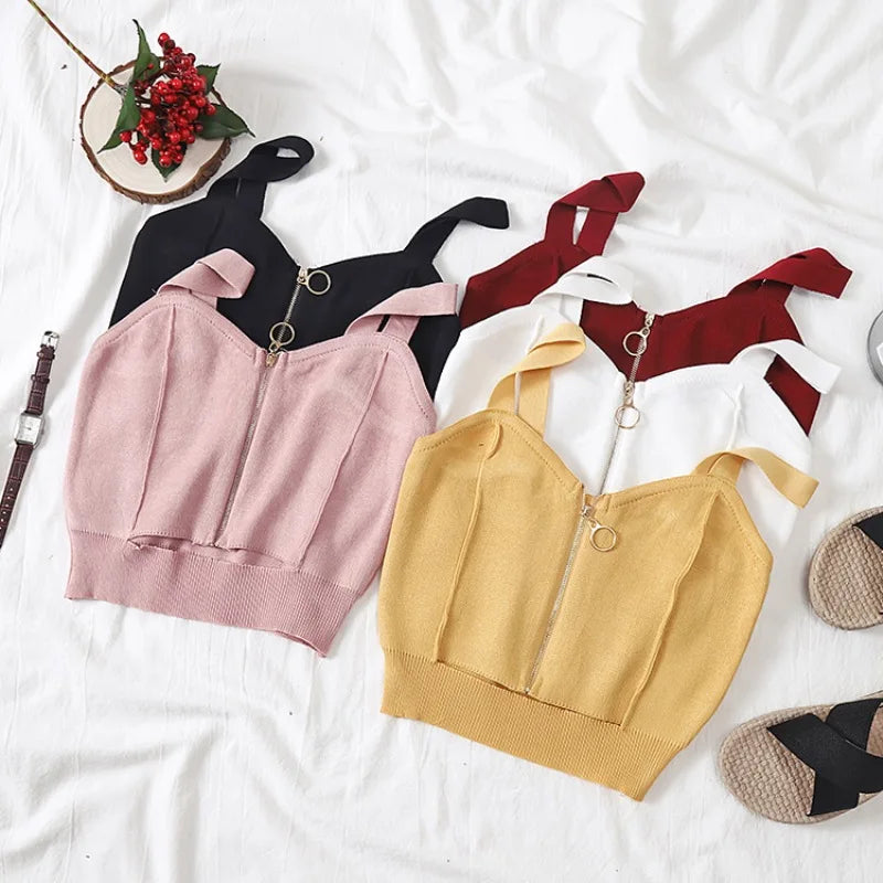 AOWOFS Women Crop Top Zipper Knit Camisole Sleeveless