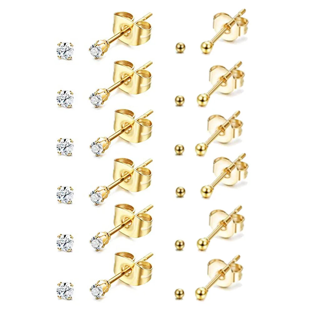 6 Pairs Tiny 2mm Stainless Steel Stud Earrings Set for Men and Women with CZ Round Ball Design