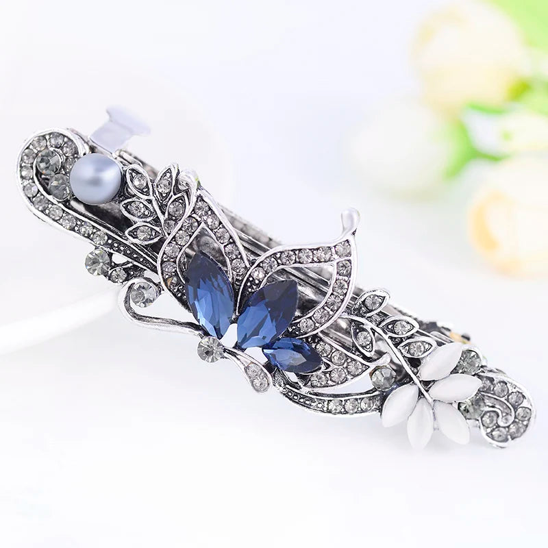 Elegant Blue Rhinestone Flower Hair Clips for Women - Crystal Fashion Barrettes by EASYA
