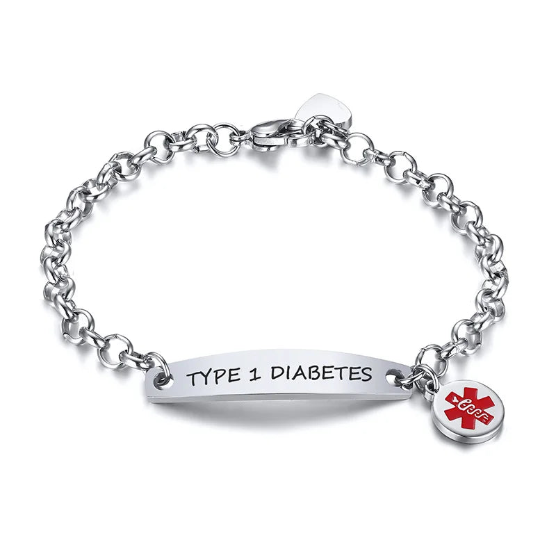 Elegant Customizable Enamel Medical ID Bangle Bracelet for Women with Stainless Steel Rolo Chain