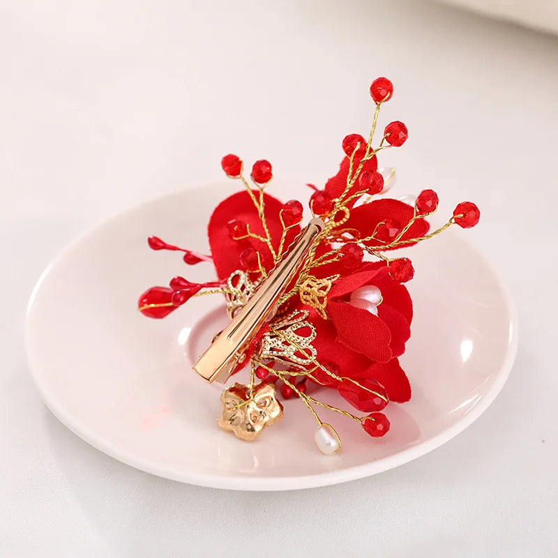 Vintage Chinese Wedding Red Hairpins Bridal Flower Crystal Headpiece for Women