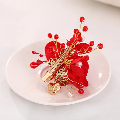 Vintage Chinese Wedding Red Hairpins Bridal Flower Crystal Headpiece for Women