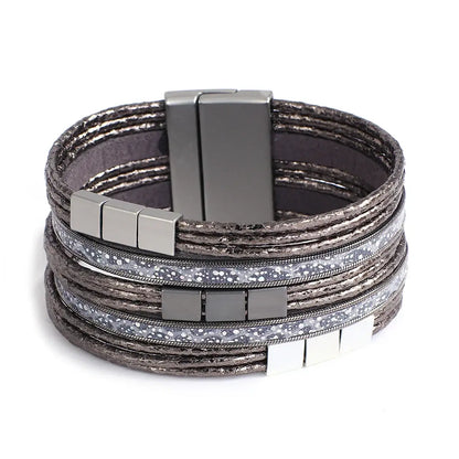 Allyes Bohemian Gold Multilayer Leather Charm Bracelet Black