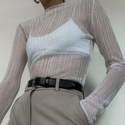 Women Sheer Mock Neck Long Sleeve Top Chic Fall 2024