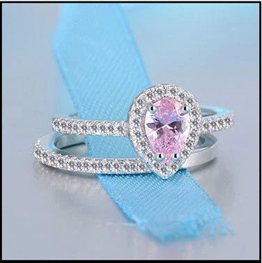 925 Sterling Silver Teardrop Zircon Engagement and Wedding Ring Set for Women pink