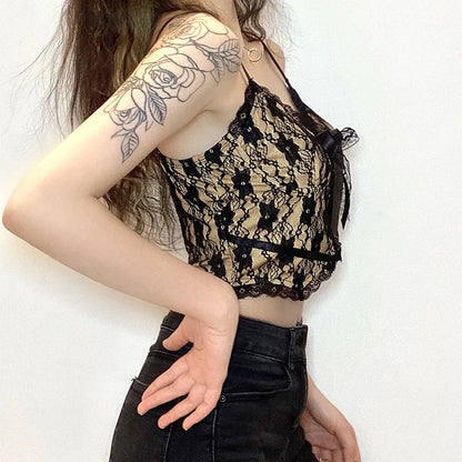 Dozw Goth Lace Crop Top Women Back Zip Sexy Double Layer