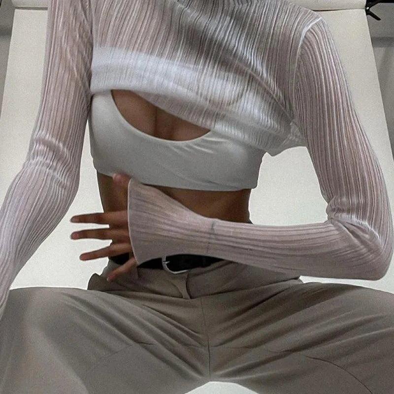 Women Sheer Mock Neck Long Sleeve Top Chic Fall 2024