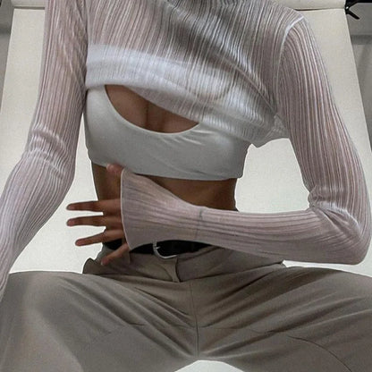 Women Sheer Mock Neck Long Sleeve Top Chic Fall 2024