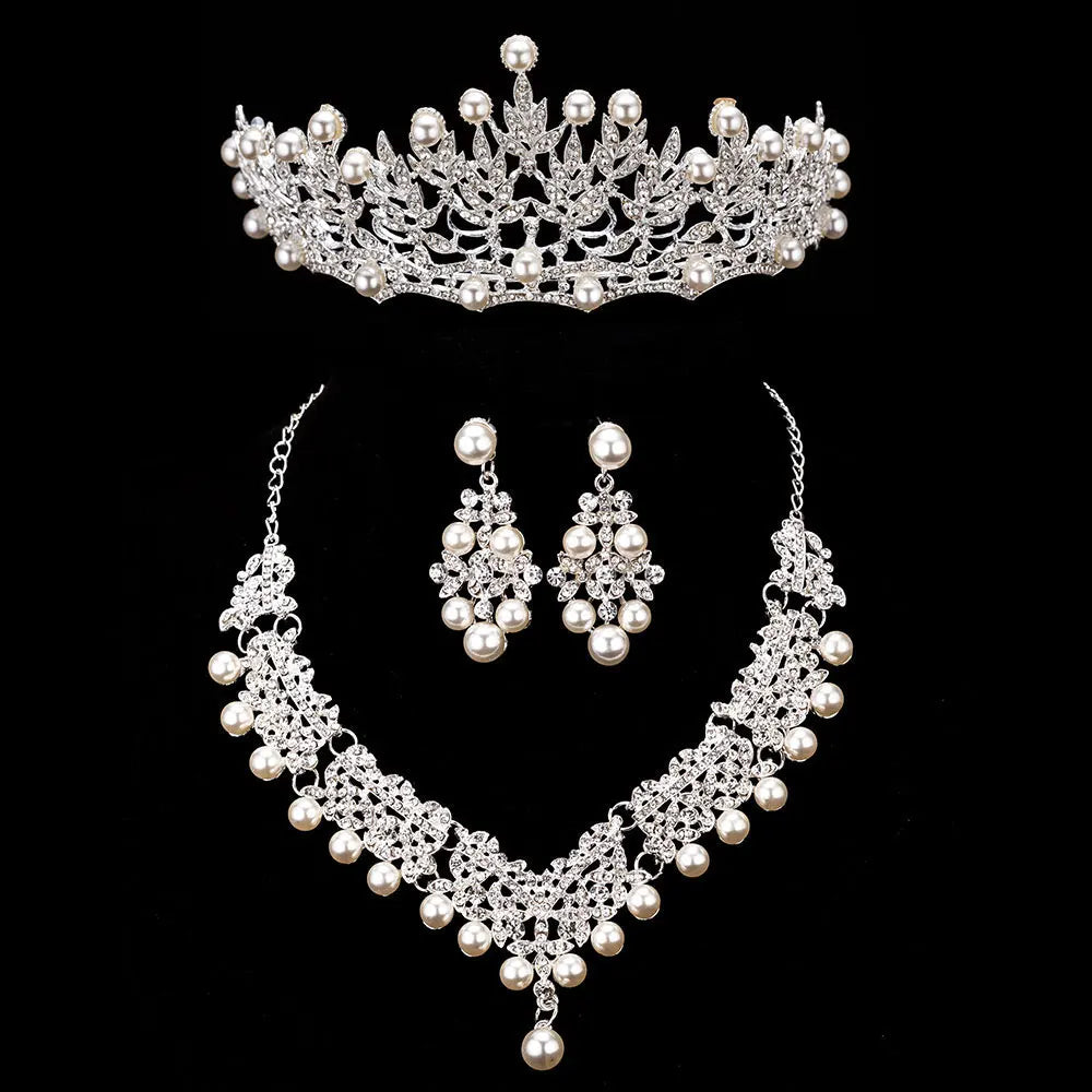 Bride's Crystal Pearl Jewelry Set - Stunning Rhinestone Choker, Earrings & Tiara for Your Dream Wedding H015 3PCS Set