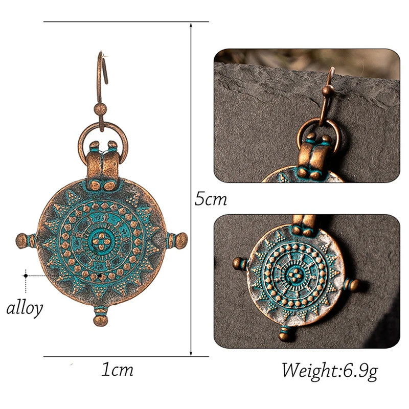 Vintage Ethnic Irregular Wheel Carved Copper Alloy Pendant Earrings for Weddings and Parties