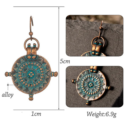 Vintage Ethnic Irregular Wheel Carved Copper Alloy Pendant Earrings for Weddings and Parties