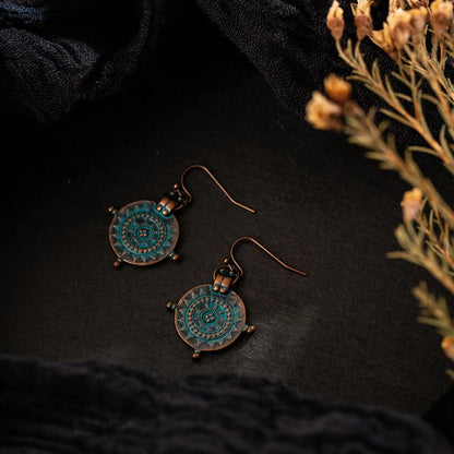 Vintage Ethnic Irregular Wheel Carved Copper Alloy Pendant Earrings for Weddings and Parties