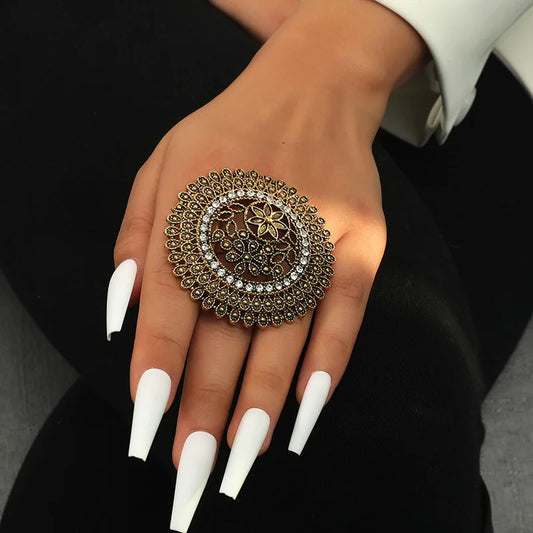 Elegant Turkish Vintage Gold Flower Ring for Women - Antique Ethnic Zircon Alloy Jewelry Gift