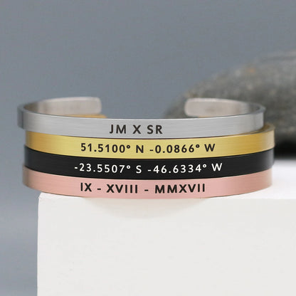 Custom Engraved Brushed Stainless Steel Cuff and Necklace Set for Couples