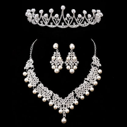 Bride's Crystal Pearl Jewelry Set - Stunning Rhinestone Choker, Earrings & Tiara for Your Dream Wedding H065 3PCS Pearl